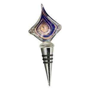 Art Glass Wine Bottle Stopper With Blue & Gold Swirl Design 5"H x 2"W